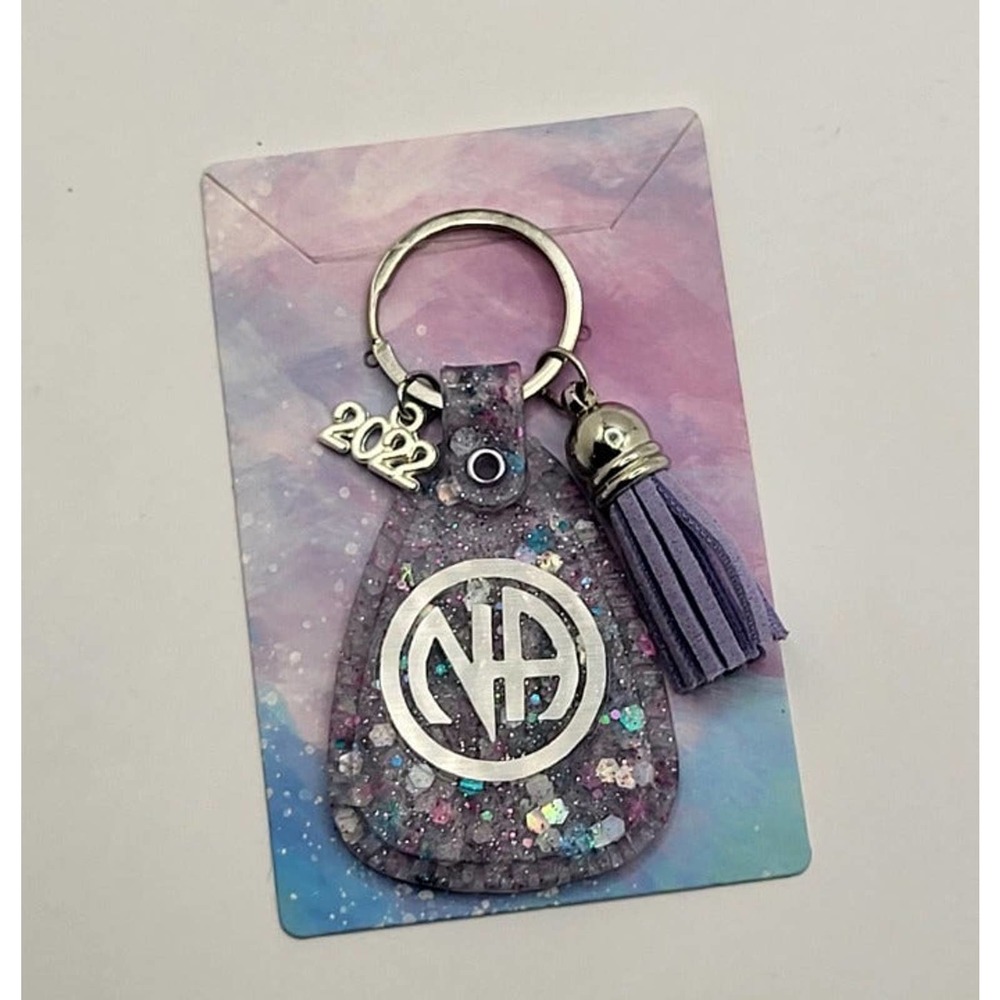 NA Narcotics Anonymous handmade lt PURPLE GLITTER keytag! Free vinyl NA decals!